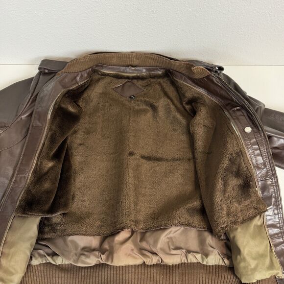 Vintage 80s Brown Leather Bomber Racing Jacket & Removable Faux Fur Liner L/48 - Picture 6 of 16
